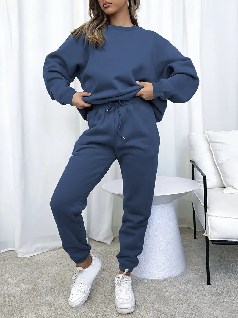 Damset | Sweatshirt & Sweatpants | Effen Design & Avslappnad Passform i Polyesterblandning
