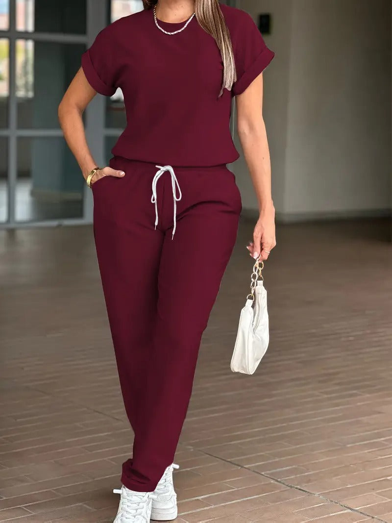 Damsset | Minimalistisk Design & Justerbar Midja | Tvådelad Bekväm Sportlook i Polyester för Vår/Sommar