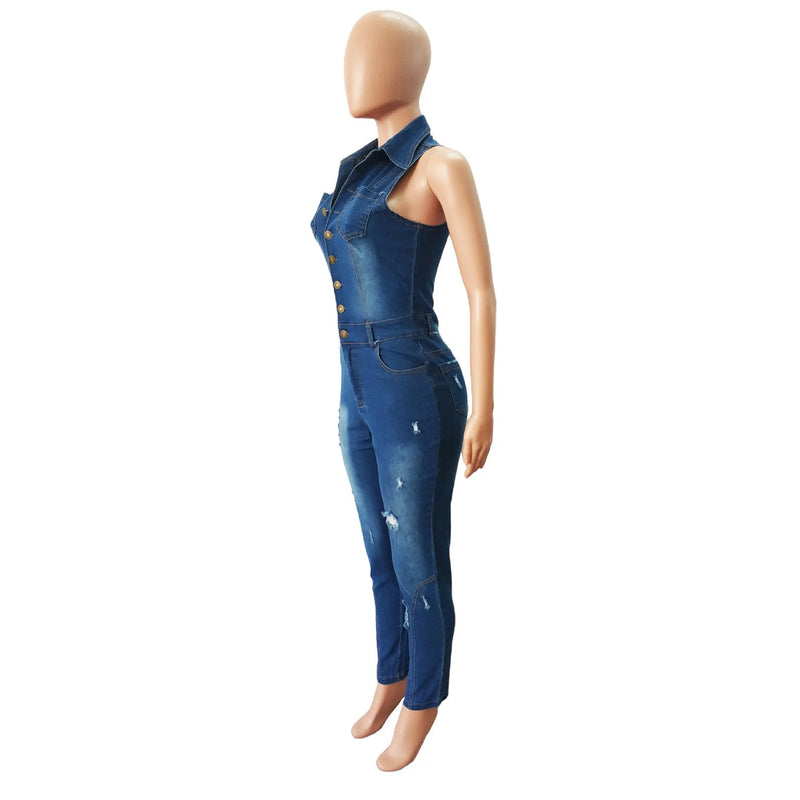 Chic rippad denim bodycon jumpsuit för kvinnor med snygg look | Nova