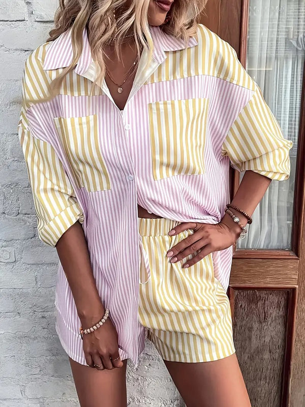 Damset | Randig Blus & Kortbyxa | Luftig & Vardagsstil | Polyester Sommarplagg