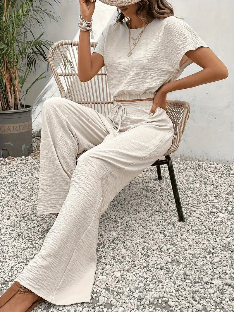 Set för kvinnor | Crop Top & Byxor | Fladdermusärmar & dragsko | Polyester