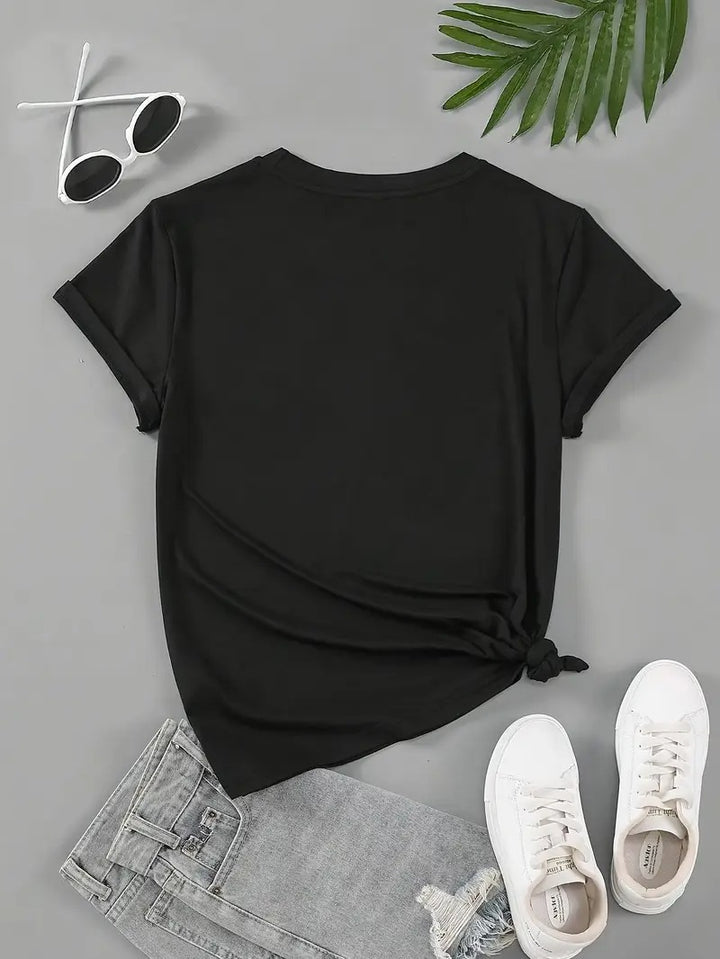 Damt-shirt | Svart &amp; Hjärttryck | Bekväm Kortärmad Topp för Vår &amp; Sommar