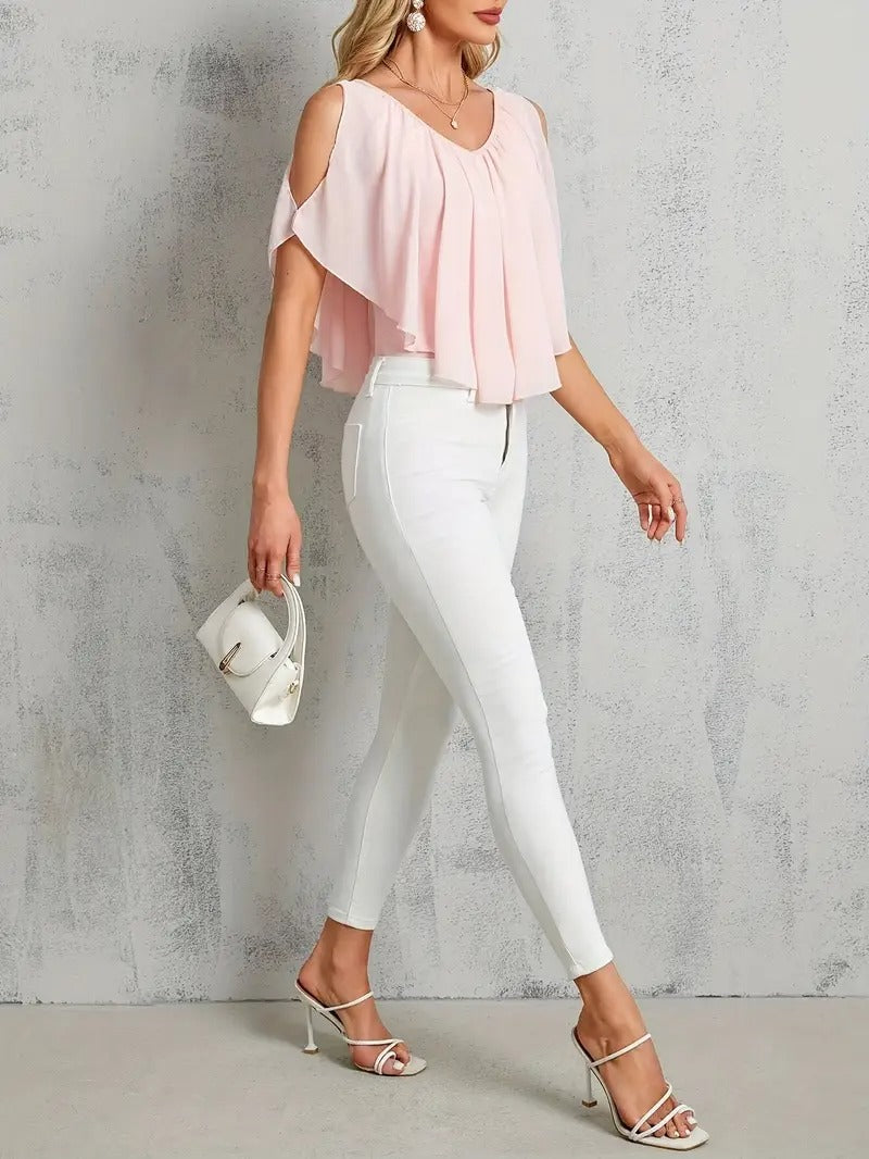 Damtopp | Off-Shoulder med Plissering & Vleermuismouw | Effen Färg & Kort Modell | Somrig Stil