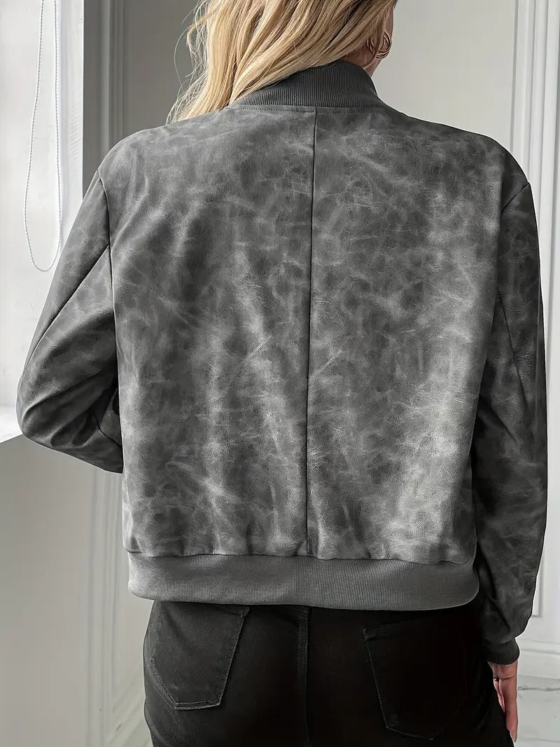 Tie-Dye PU-jacka för kvinnor | Chic blixtlås- och klafffickor | Långa ärmar | Elegant vår- / sommarmode
