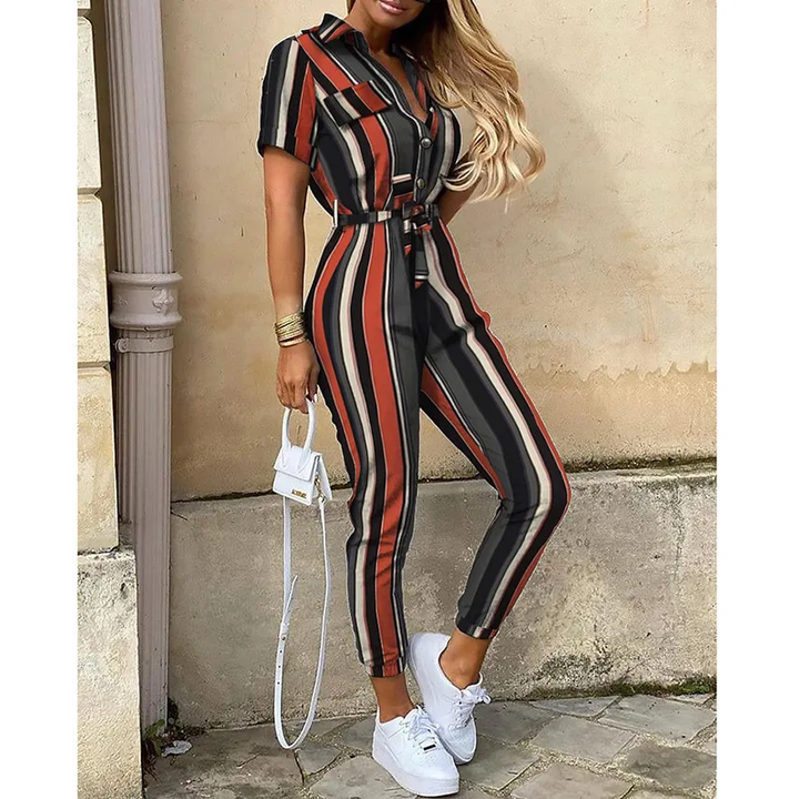 Jumpsuit för Dam | Kort Ärmsmodell med Krage | Elegant Passform &amp; Bälte | Polyester