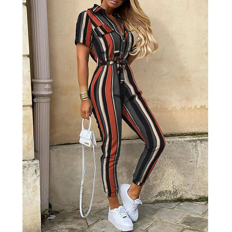 Jumpsuit för Dam | Kort Ärmsmodell med Krage | Elegant Passform & Bälte | Polyester