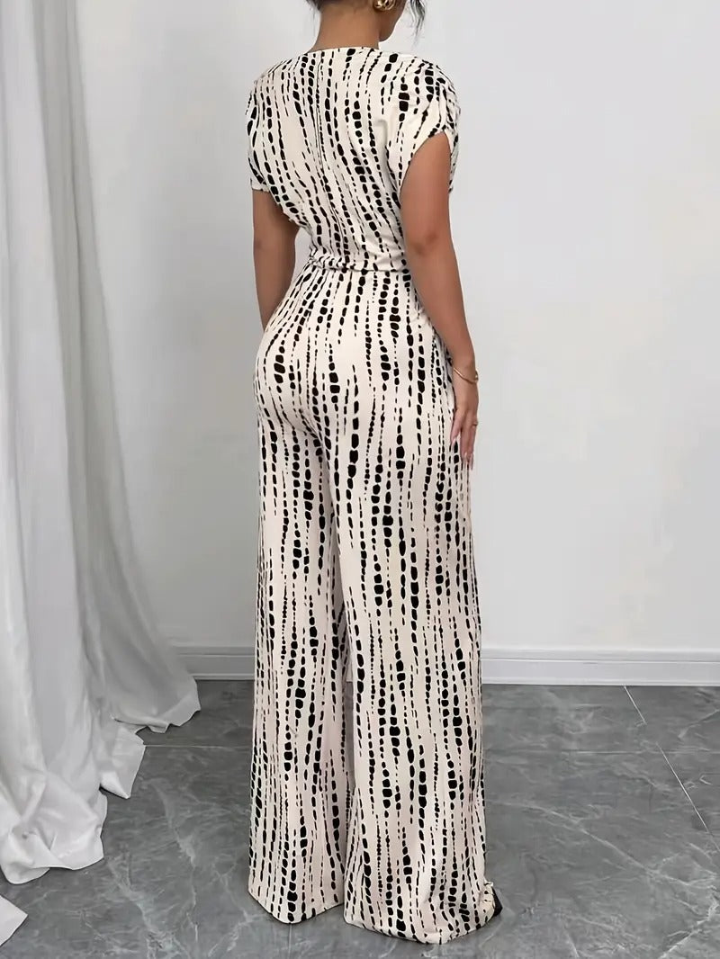 Jumpsuit för kvinnor | Off-Shoulder med prickar & vida ben | rosett i midjan & sommardesign