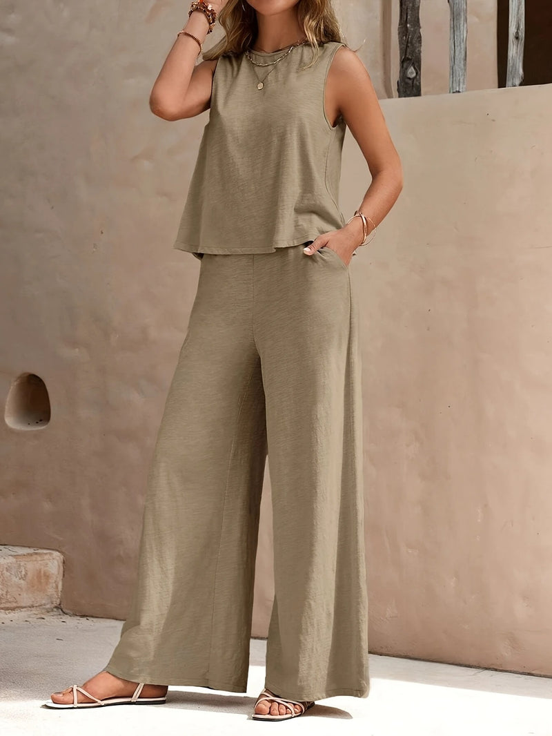 Damset | Ärmlös Topp & Vida Byxor | Avslappnad Sommaroutfit | Polyester