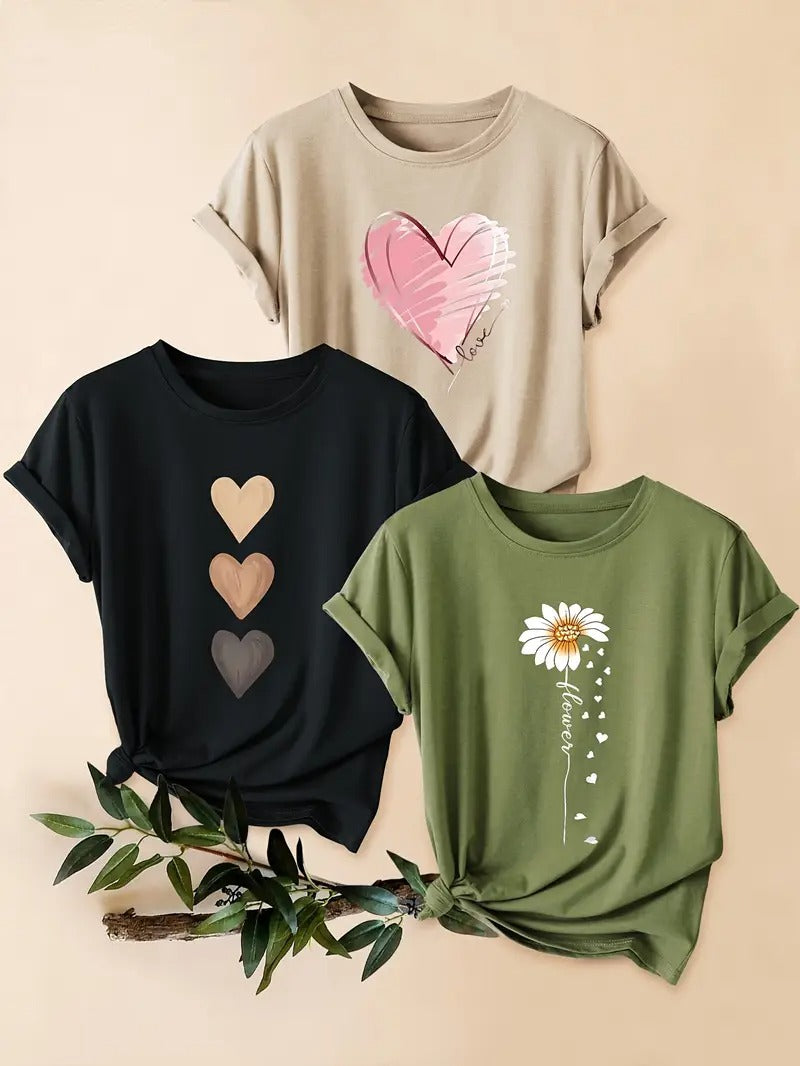 Dams Set | 3-delad T-shirt & Shorts | Retro Stil & Blommigt Tryck