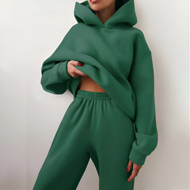 Damträningsset | Fleecefodrat med Huvtröja | Tjock Tvådelad Mjukisdress | Polyester