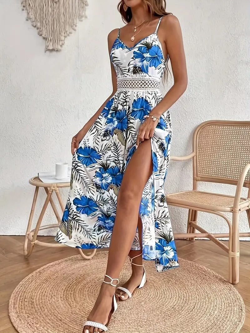 Damklänning | Ärmlös Med Slits | Blommigt Mönster & Spagettiband | Elegant Sommarklänning