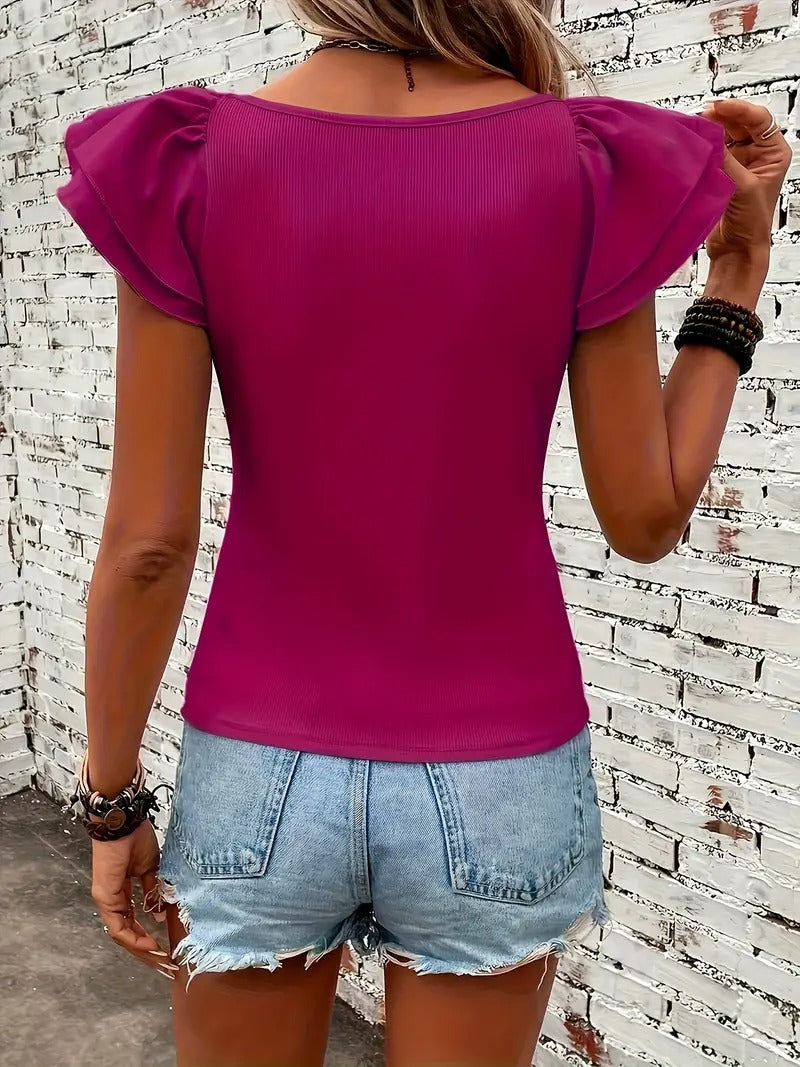 Dam-T-shirt | Lager & Volangärmar | Elegant Runda Hals Top för Vår & Sommar
