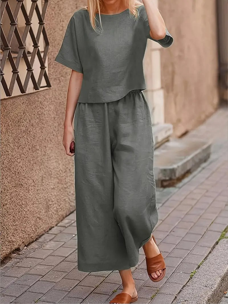 Damset | Runda Hals T-shirt & Vida Byxor | Avslappnad Tvådelad Look | Enfärgad Polyester