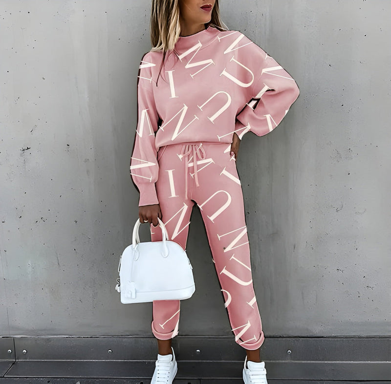 Tvådelat Set för Dam | Tryckt Träningsdräkt | Långärmad Topp & Byxor | Trendig & Bekväm Loungewear