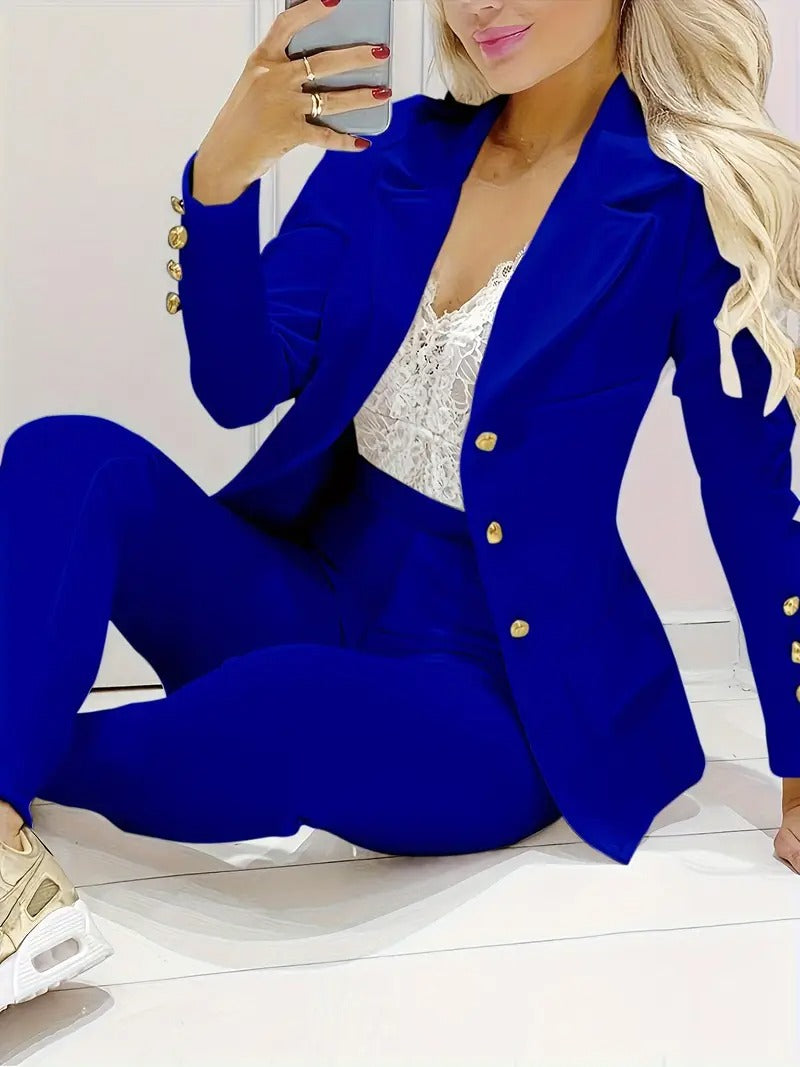 Tvådelat set för kvinnor | Blazer med dubbla rader & byxor med smal passform | Business & Casual | Elegant & Stilfstickad struktur