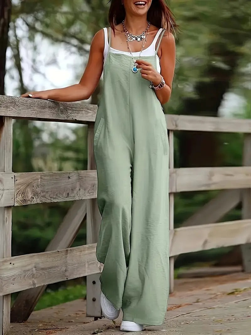 Jumpsuit för kvinnor | Rejäla spagettiband & vida ben | Ärmlös & avslappnad