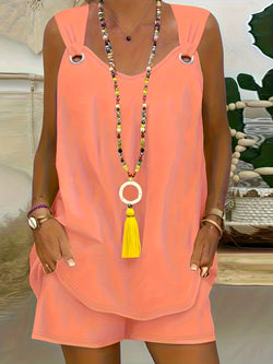 Damset | V-hals Ärmlöst Västat & Shorts | Elegant Sommarset | Enfärgad Polyester