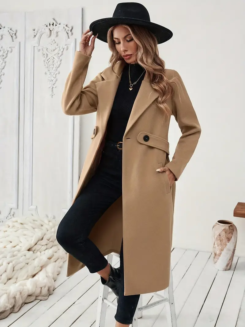 Vinterrock Dam | Lång Svart Tweed Jacka | Elegant Bälte & Slag