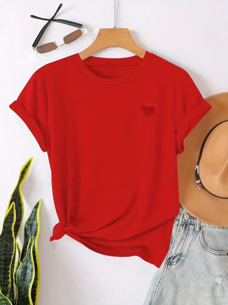 T-shirt för kvinnor | Hjärtformat tryck & Rund hals | Avslappnade korta ärmar | För vår & sommar