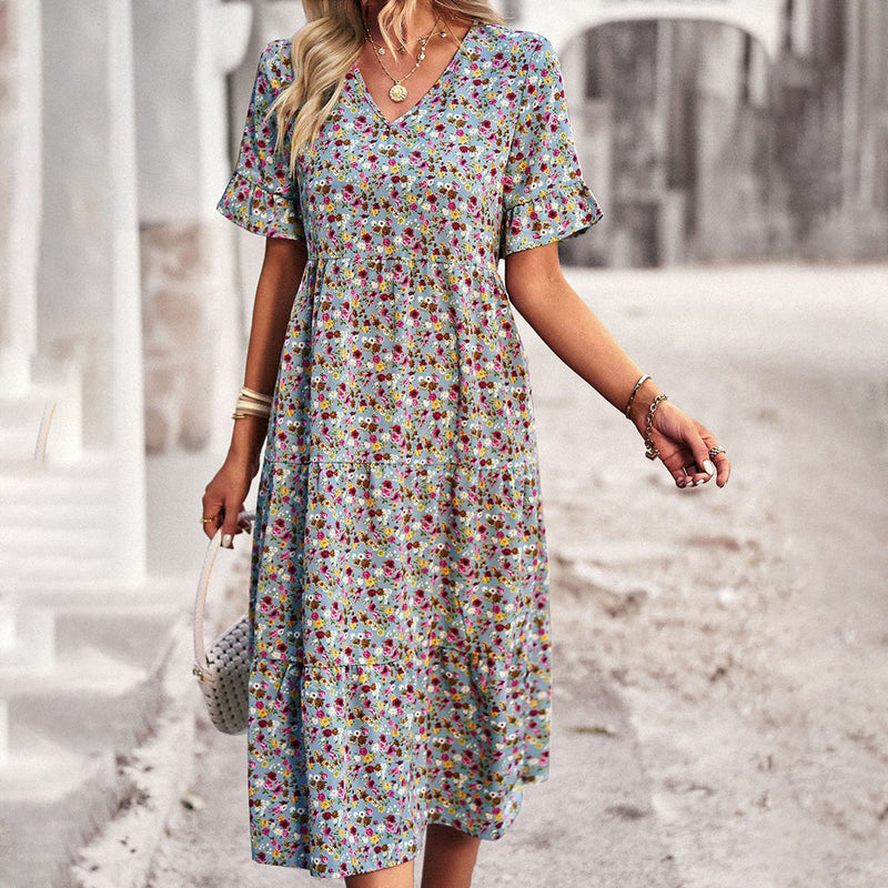 Dam Boho Maxiklänning | Blommigt Mönster & Volanger | V-ringning