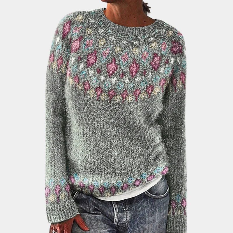 Damtröja i stickat material | Vintage-design | Unikt tryck | Rund hals och långa ärmar
