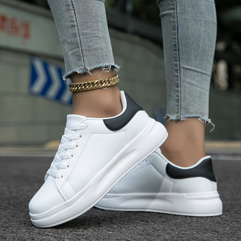 Sneakers Dam | Vita Faux Läder Skor | Casual Snörskor