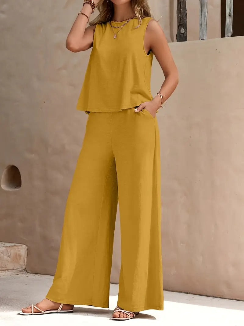 Bohemisk Strandoutfit | Avslappnad och Luftig | Mouwlös Top & Vida Byxor | Polyester för Sommar