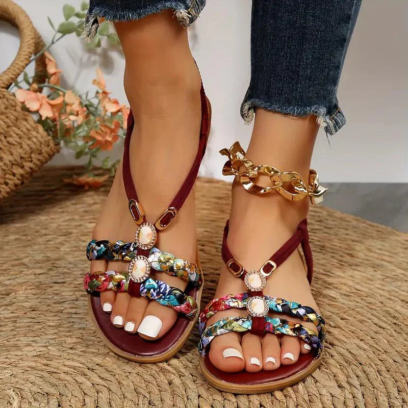 Kvinnor Sandaler | Boho Sommarstil | Mjuk Sula & Låg Kilklack | Blommig Design