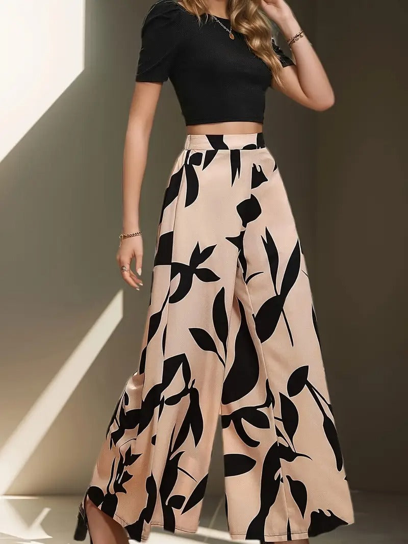 Damset | Elegant Tvådelat Set med Blus & Vida Byxor | Effen Design & Bladprint