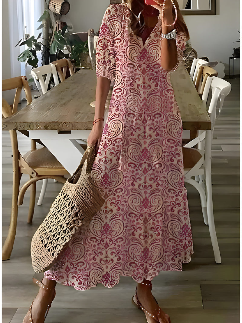 Dam Bohemisk Maxiklänning | Lätt Sommarstil | V-ringning & Justerbar Midja | Polyester