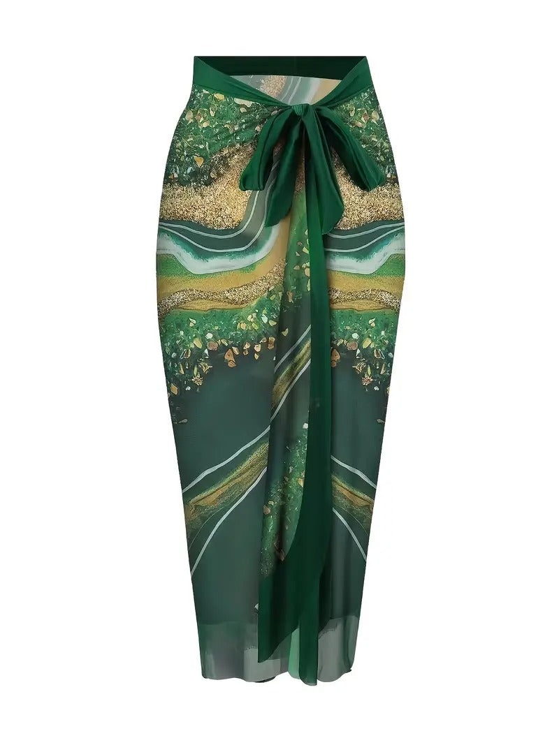 Damset | Tvådelat Set med Bodysuit & Omlottkjol | Havsinspirerad Print & Elegant Twistdesign