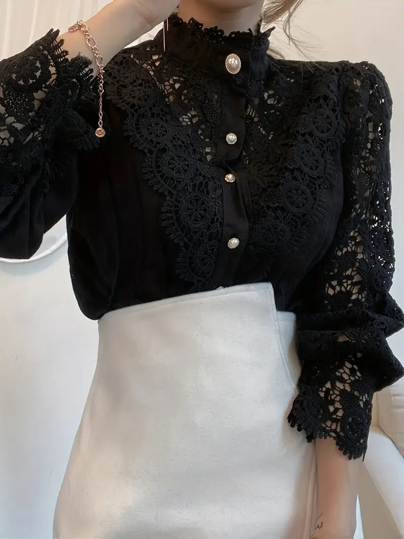 Dam Blus | Viktoriansk Stil | Pärlknappar & Spetsdetaljer | Elegant Långärmad Topp