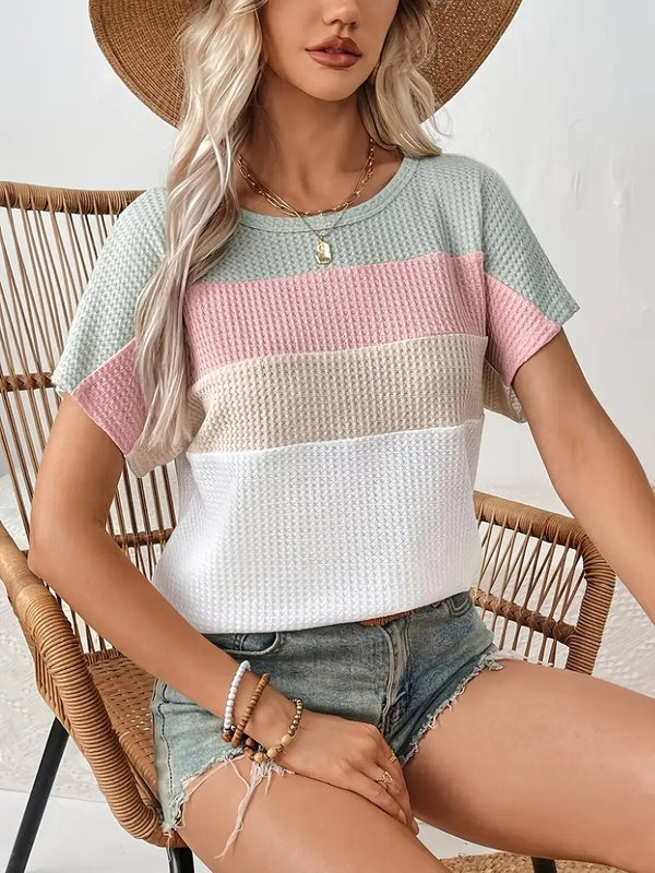 Dams T-shirt | Färgblock & Droppad Axelsöm | Somrig Cropmodell