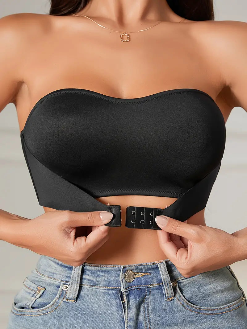 BH för kvinnor | Axelbandslös & Push-Up | Silikonstretch & Frontspänne | Enfärgad Tube Top