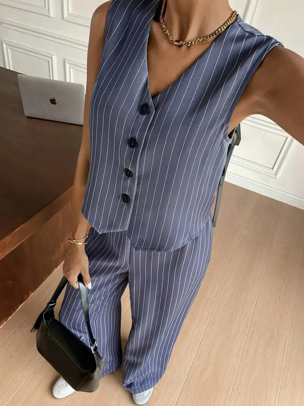 Dam Set | Ärmös Randig Väst & Vida Byxor | Knäppning | Polyester Sommarlook