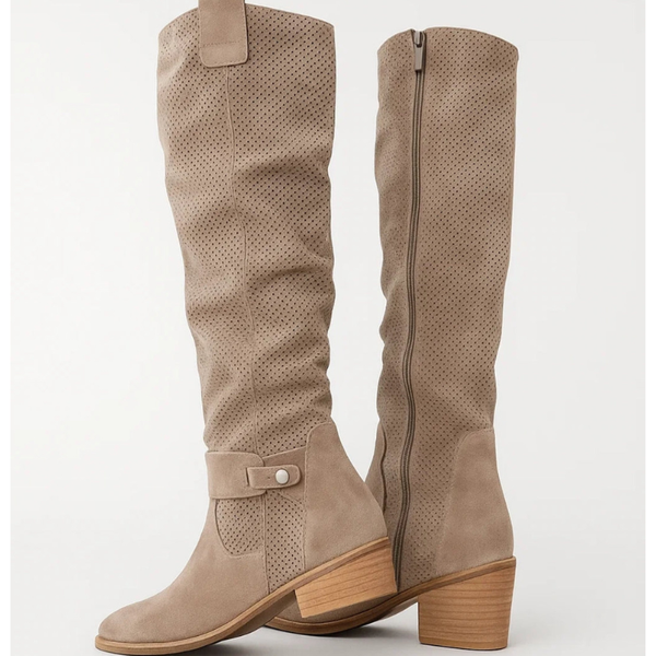 Skor Dam | Långa Stövlar | Perforerade Detaljer och Låg Klack