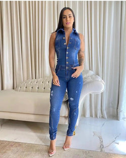Chic rippad denim bodycon jumpsuit för kvinnor med snygg look | Nova