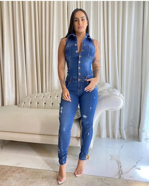 Chic rippad denim bodycon jumpsuit för kvinnor med snygg look | Nova