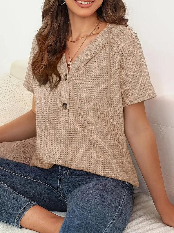 Kvinnors Topp med Kort Ärms & Huva | Snörning & Knappdetaljer | Sommar Casual Look