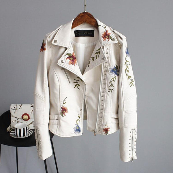 Damjacka | Vintageblommig brodyr | Bikerstil med dragkedja