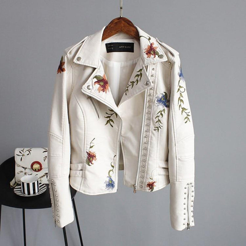 Damjacka | Vintageblommig brodyr | Bikerstil med dragkedja