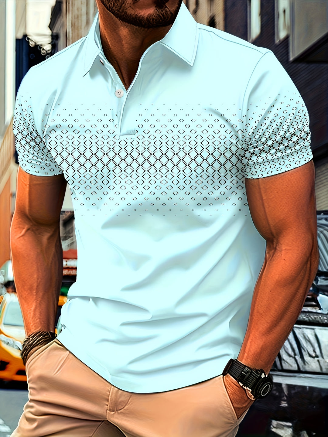 Herrpiké | Slim fit | Geometriskt tryck | Sommar