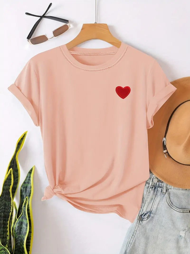 T-shirt för kvinnor | Hjärtformat tryck & Rund hals | Avslappnade korta ärmar | För vår & sommar