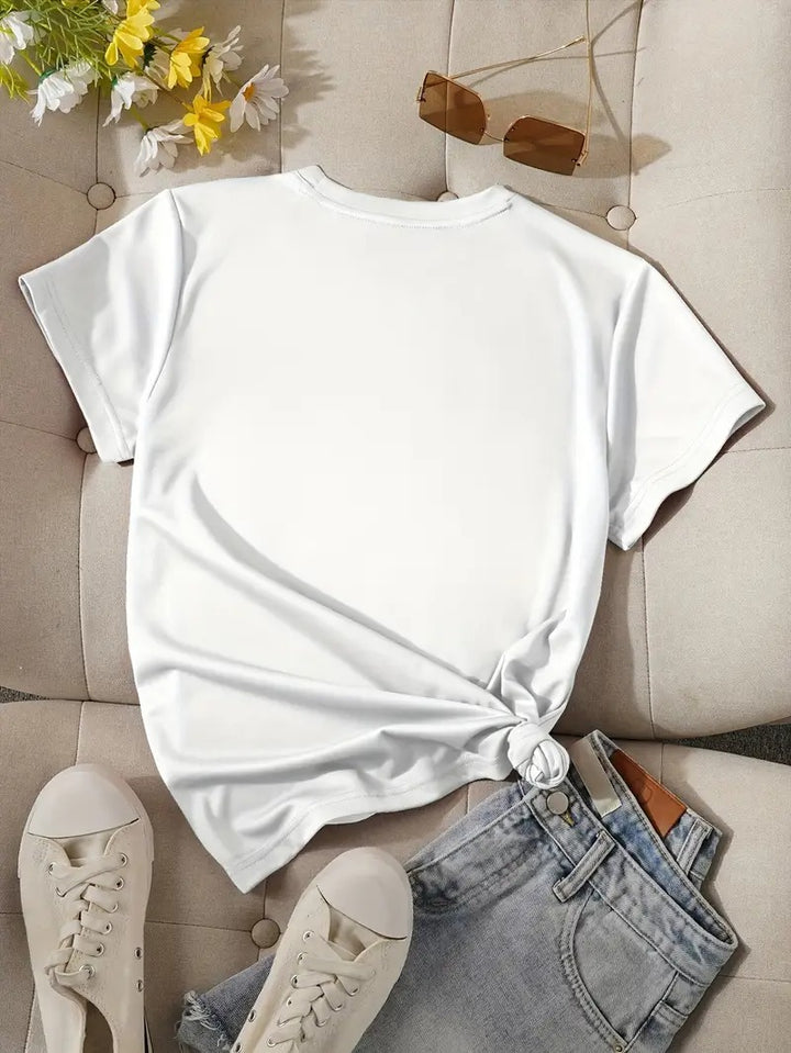 Damt-shirt | Svart &amp; Hjärttryck | Bekväm Kortärmad Topp för Vår &amp; Sommar