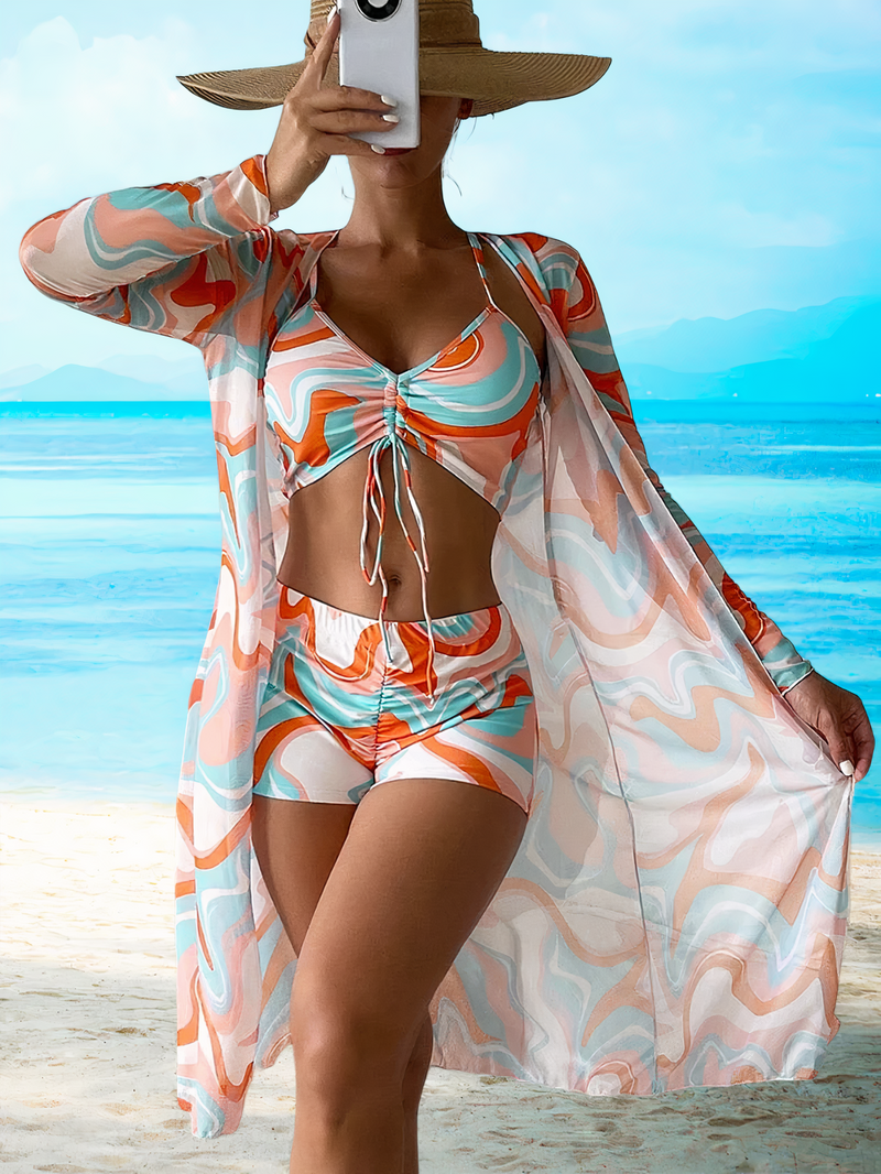 Kvinnor Bikini Set | Hög Midja | Blommigt Tryck | 3-delad Baddräkt