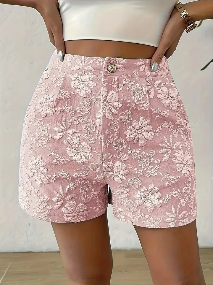 Kvinnors Blommiga Jacquard Shorts | Hög Midja &amp; A-Linje | Eleganta Damesshorts