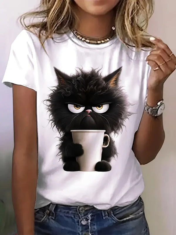 Dam T-shirt | Söt Kattenprint & Rund Hals | Avslappnad Kortärmad Top för Vår & Sommar