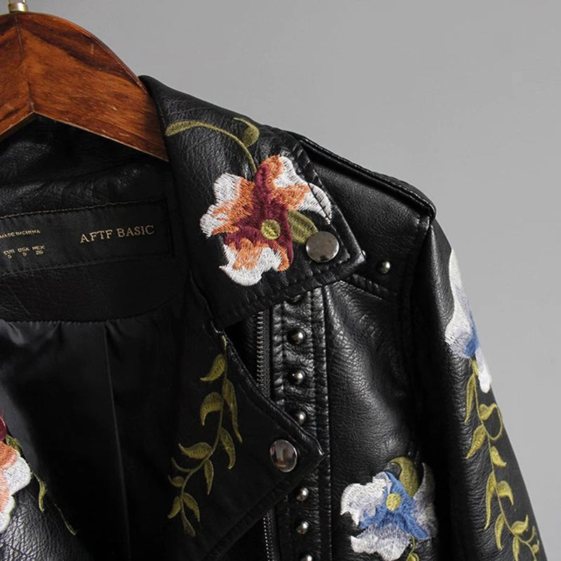 Damjacka | Vintageblommig brodyr | Bikerstil med dragkedja