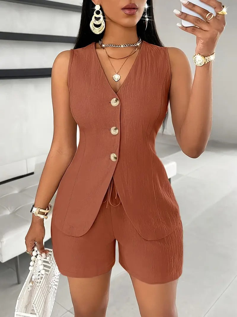 Damjumpsuit | Vit & Ärmlös | Elegant Plagg med Guldknappar och V-ringning