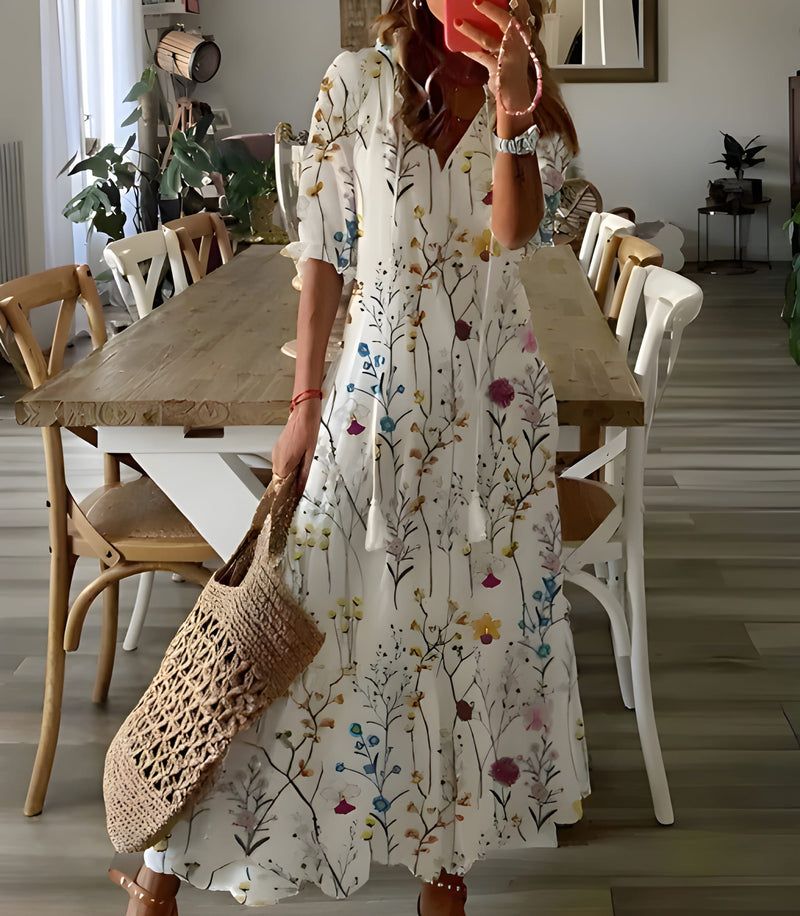 Dam Bohemisk Maxiklänning | Lätt Sommarstil | V-ringning & Justerbar Midja | Polyester